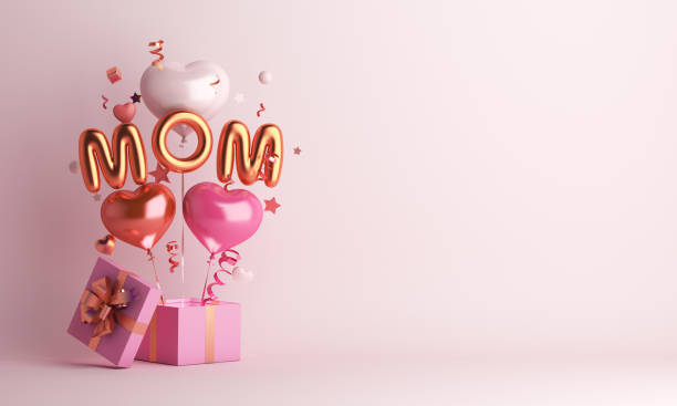 istock Happy mothers day decoration background with gift box, balloon, mom text, copy space text, 3D rendering illustration 1305265786