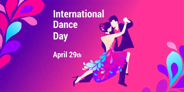 Vector illustration of International dance day. Vector banner, poster, flyer, greeting card for social media with the text International dance day April 29 th. An illustration of a beautiful dancing couple.