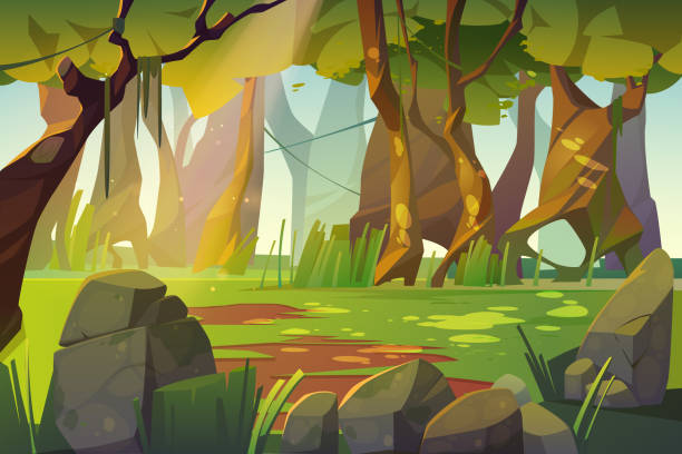 letni krajobraz leśnej polany z zieloną trawą - fantasy sunbeam backgrounds summer stock illustrations