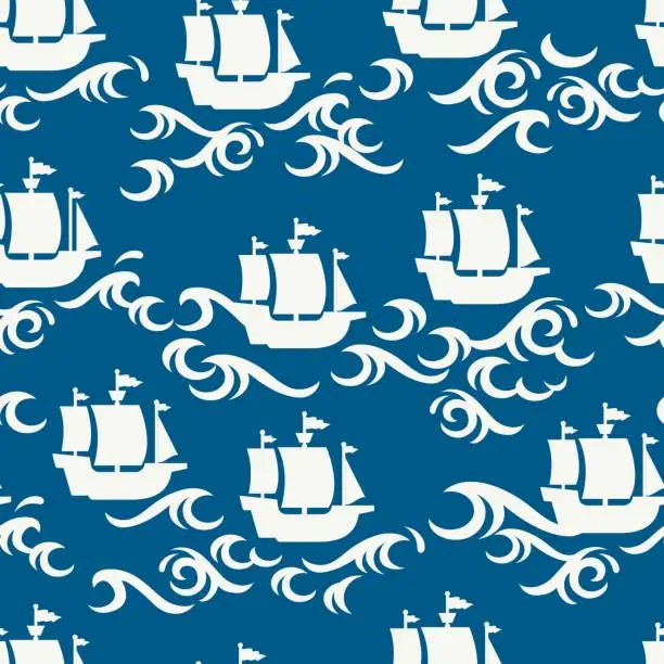 Vector illustration of Sail Ship and Storm Sea Vector Graphic Silhouette Seamless Pattern