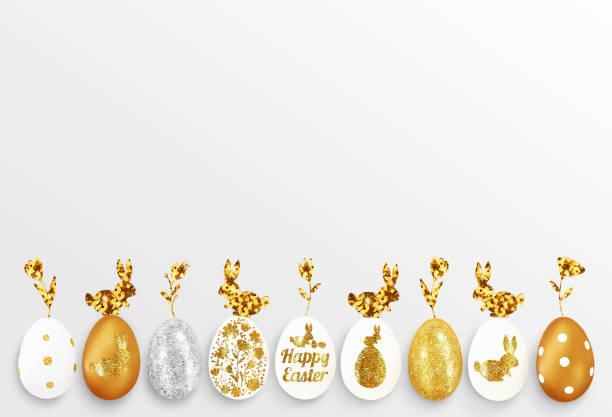 istock Decorative shining eggs, flowers, bunnies on a white background. Golden text on egg with the inscription Happy Easter. Cute advertising mockup for the Easter holiday. Top view, close up, copy space 1305272062