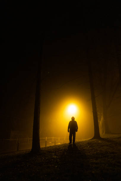 istock Sinister silhouette man lurking in forest at night 1305273517