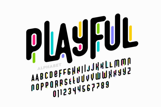 Playful colorful font Playful colorful font design, childish alphabet letters and numbers typescript stock illustrations
