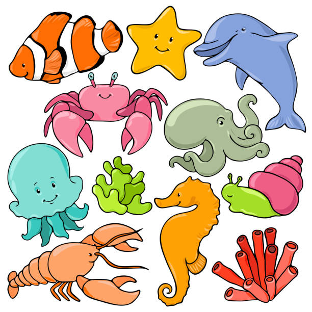 만화 바다 ��동물 컬렉션. - computer icon symbol sea life prepared crab stock illustrations