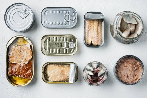 istock Canned fish, top American preserves, on white background, top view flat lay 1305279336