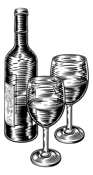 Vector illustration of Wine Bottle and Glasses Vintage Woodcut Etching