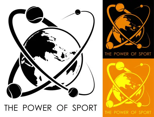 Vector illustration of tennis balls revolve around planet earth in form of atom. Power and energy of sport. Sport competition emblem. Vector