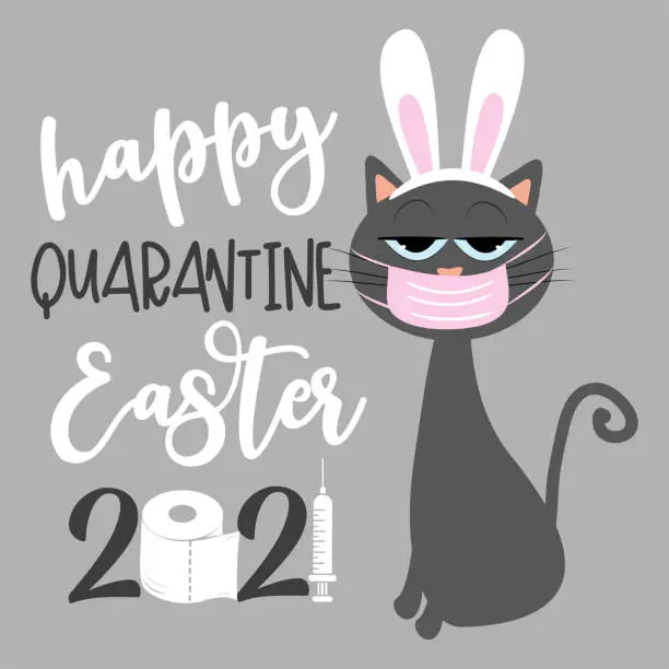Vector illustration of Happy Qurantine Easter 2021- Cool cat in bunny ears and face mask. Funny greeting card for Easter in covid-19 pandemic self isolated period.