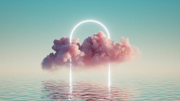istock 3d render, abstract background with pink cloud levitating inside bright glowing neon arch, with reflection in the water. Minimal futuristic seascape 1305282037