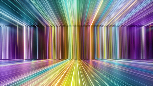 istock 3d render, abstract background. Empty room with bright neon rays and glowing lines. Colorful spectrum 1305282069