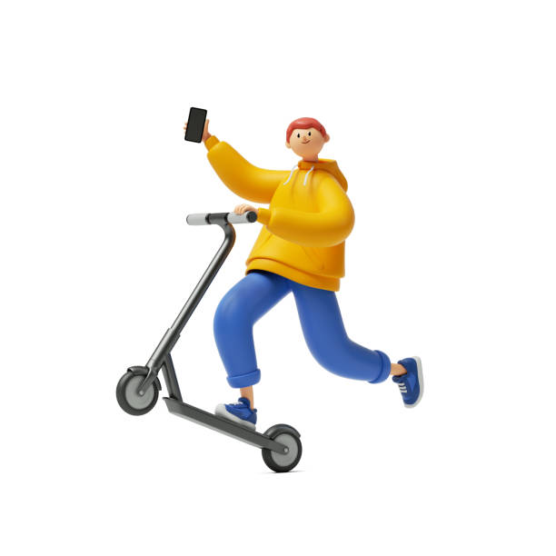3d render, cartoon character young man wears yellow hoodie and blue trousers, holds smart phone, rides electric kick scooter. Modern urban transport sharing, clip art isolated on white background 3d render, personaje de dibujos animados joven lleva sudadera amarilla con capucha y pantalones azules, sostiene teléfono inteligente, monta patinete scooter eléctrico. uso compartido moderno del transporte urbano, clip art aislado sobre fondo blanco