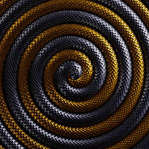 3d render, abstract spiral scales background, black and gold twisted snakes