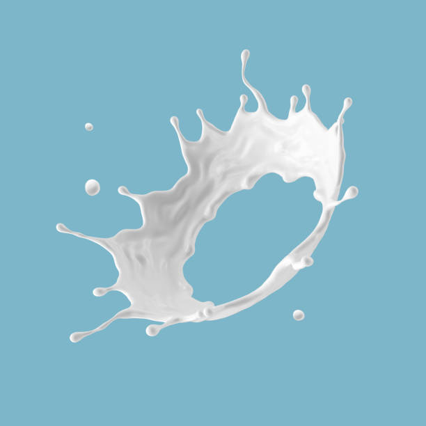 3d render, vue ronde de perspective de couronne d’éclaboussure de lait. art abstrait liquide de clip d’isolement sur le fond bleu. anneau blanc d’éclaboussure de peinture - flying milk photos et images de collection