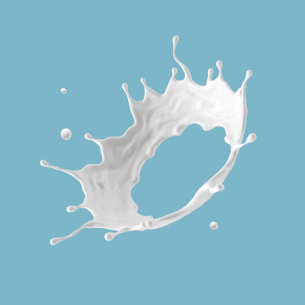 renderização 3d, vista de perspectiva da coroa de respingo de leite redondo. arte de clipe líquido abstrato isolada em fundo azul. anel de espirro de tinta branca - flying milk - fotografias e filmes do acervo