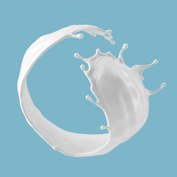 istock 3d render, twisted round milk splash. Abstract liquid clip art isolated on blue background. White paint splashing. 1305282270