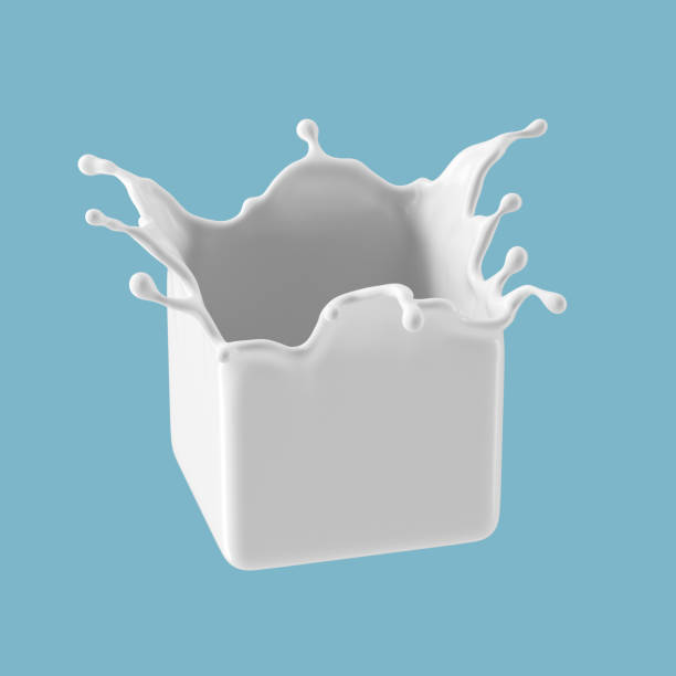 istock 3d render, milk splash cube. Abstract liquid clip art isolated on blue background. White paint splashing 1305282279
