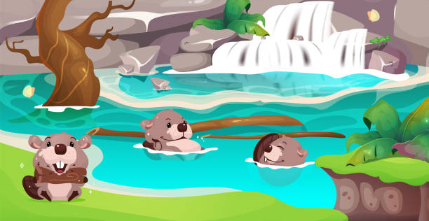 ilustrações de stock, clip art, desenhos animados e ícones de jungle flat color vector illustration. clear waterfall. beavers natural habitat. cute animal with tree branch. wild environment. tropical 2d cartoon landscape with greenery on background - waterfall cartoon tropical rainforest vector