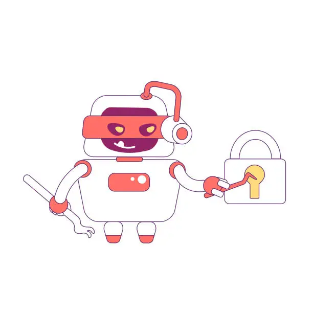 Vector illustration of Hacker robot red linear object. Bad bot breaking lock thin line symbol. Password hacking software, artificial intelligence technology isolated outline illustration on white background
