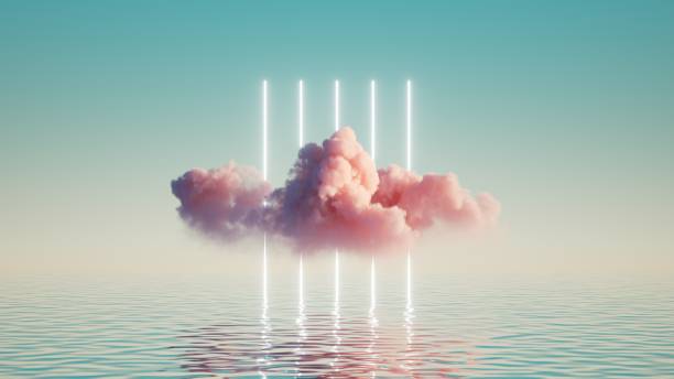 istock 3d render, abstract background with pink cloud levitating in front of bright glowing neon vertical lines, with reflection in the water. Minimal futuristic seascape 1305282455