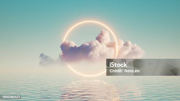 3d Render Abstract Geometric Background White Cloud And Glowing Neon Round Frame Illuminated Cumulus Minimal Futuristic Seascape With Reflection In The Water Stock Photo - Download Image Now