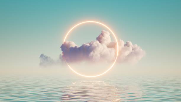 3d render, abstract geometric background, white cloud and glowing neon round frame. illuminated cumulus. minimal futuristic seascape with reflection in the water - surrealista imagens e fotografias de stock