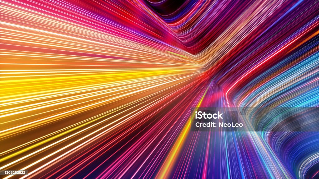 3d render, abstract background with colorful spectrum. Bright pink yellow neon rays and glowing lines. Abstract Stock Photo