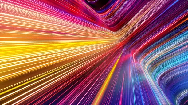 Photo of 3d render, abstract background with colorful spectrum. Bright pink yellow neon rays and glowing lines.