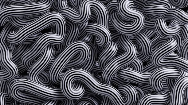 istock 3d render, abstract black and white background with tangled striped tubes, rope or lines 1305282933