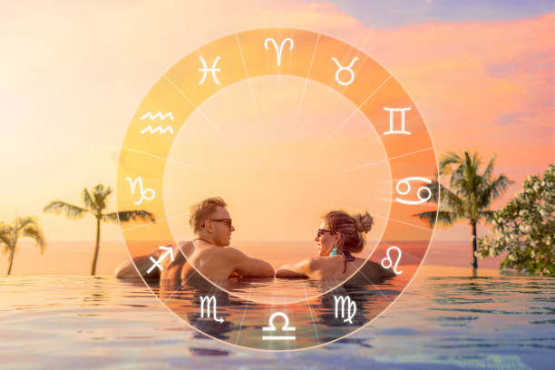Conceptual photo of happy couple with perfect match and love compatibility between zodiac signs Conceptual photo of happy couple with perfect astrological match and love compatibility between zodiac signs astrology sign stock pictures, royalty-free photos & images