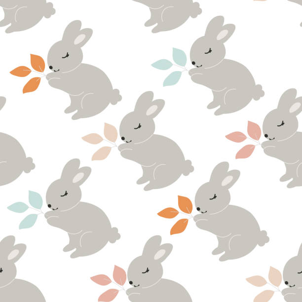 istock Grey Baby Bunny holds leaves in its paws seamless pattern. Little Rabbit. Cute Easter Animal. Hares Vector Kids Illustration isolated on background. Design for card, print, book, kids story 1305284504