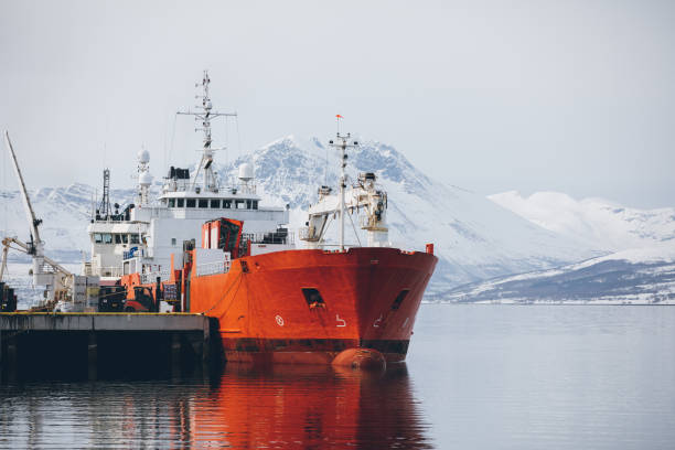 istock Orange cargo ship docked in the harbor 1305287480