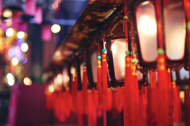 Traditional Chinese lanterns with blessings in temple