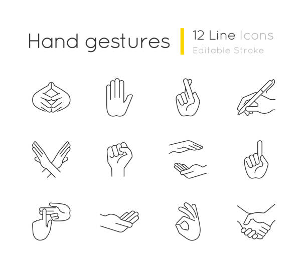 Hand gestures linear icons set Hand gestures linear icons set. One finger - Pointing. Hand writing with pen. Counting on fingers. Customizable thin line contour symbols. Isolated vector outline illustrations. Editable stroke sign language icon stock illustrations