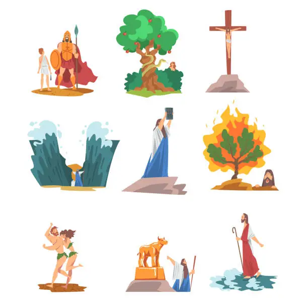 Vector illustration of Bible Narratives with Goliath, Snake of Temptation and Expulsion of Adam and Eve from Paradise Vector Set