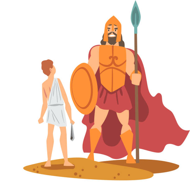 illustrations, cliparts, dessins animés et icônes de goliath philistine giant and young david : narrative from bible vector illustration - philistine