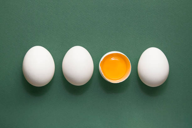 cuatro huevos blancos, yema sobre fondo pastel verde. concepto mínimo. - white food fotografías e imágenes de stock
