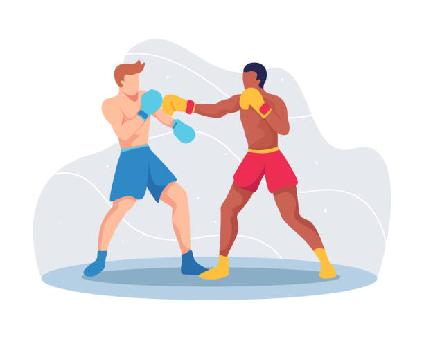 Boxing sport illustration concept Boxers are fighting, Martial arts athletes are training. Two boxer athletes fight in the ring training, Competition championship. Vector illustration in a flat style boxing stock illustrations