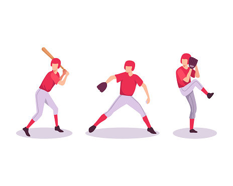 Man with bat and glove, Baseball players. Men athletes in uniform playing baseball at championship competition, Pitcher throw ball to batter. Vector illustration in flat style