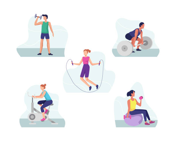 ilustrações de stock, clip art, desenhos animados e ícones de fitness and gym sports illustration concept - health club gym young men dumbbell