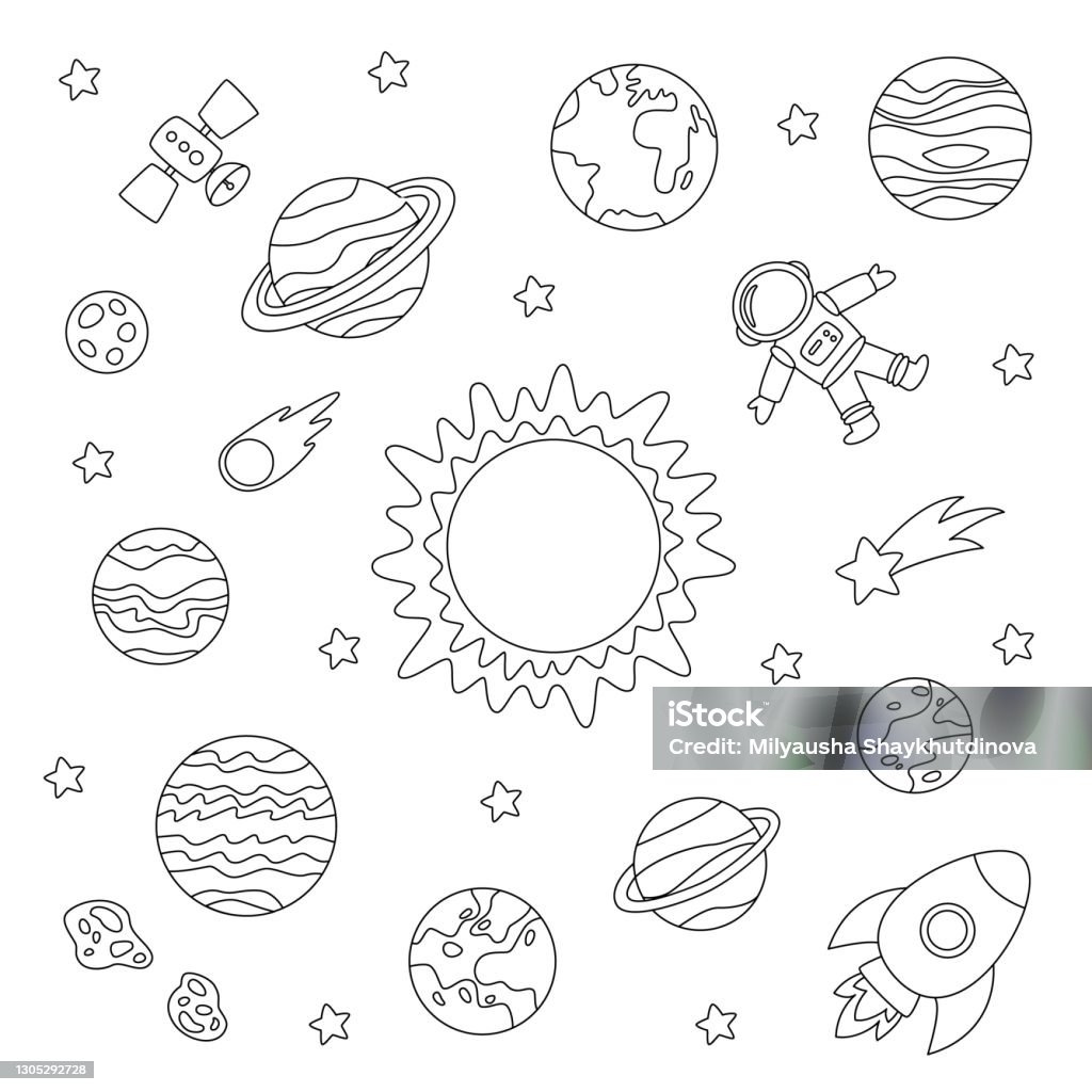 Ilustración de Planetas Del Sistema Solar En Color Y Astronautas Hoja Para  Colorear Para Niños y más Vectores Libres de Derechos de Color negro -  iStock