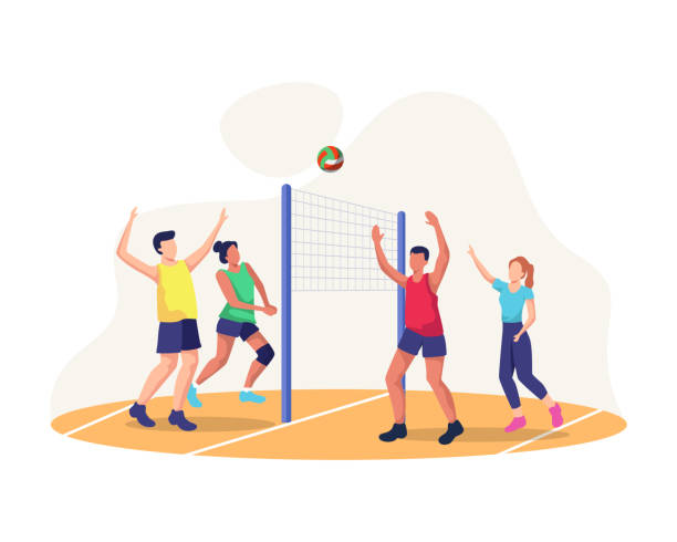 Concept illustration of playing volleyball Men and women playing volleyball on the court, Teamwork sports. People playing volleyball together, sport, healthy lifestyle. Vector in a flat style volleyball sport stock illustrations