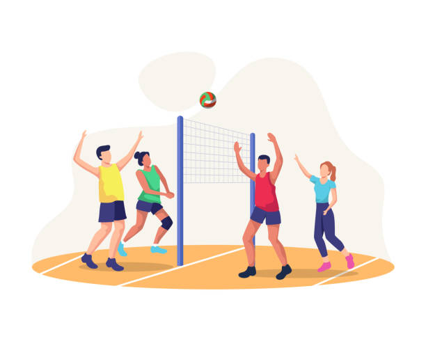 Concept illustration of playing volleyball Men and women playing volleyball on the court, Teamwork sports. People playing volleyball together, sport, healthy lifestyle. Vector in a flat style cartoon of the volleyball court stock illustrations