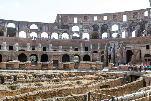 ruins of the Roman coliseum in the city of Rome, Italy.
