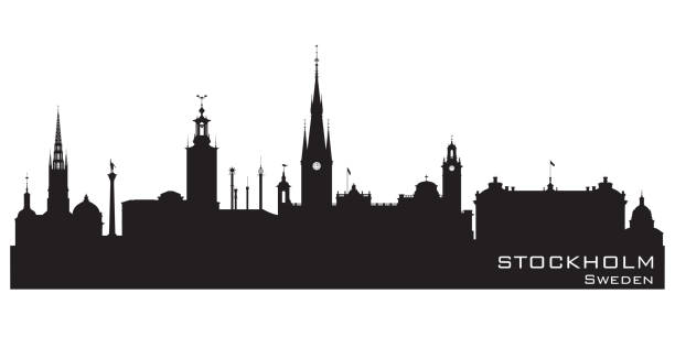 illustrazioni stock, clip art, cartoni animati e icone di tendenza di skyline della città di stoccolma svezia silhouette - stockholm