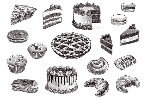 satz von zeichnungen von konditoreiprodukten - macaroon french cuisine cake cookie stock-grafiken, -clipart, -cartoons und -symbole