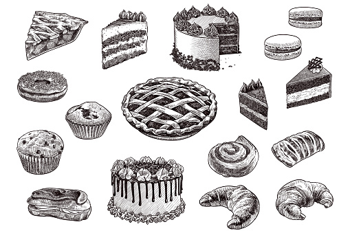 Set of drawings of pastry products