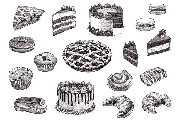 Set of drawings of pastry products Vector illustration of desserts french food stock illustrations