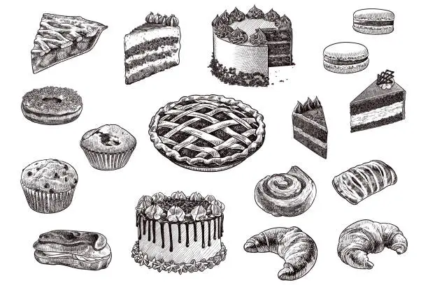 Vector illustration of Set of drawings of pastry products