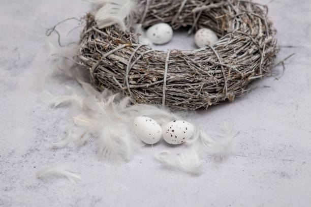 Eggs on wreath. Minimalistic photography. Easter concept.