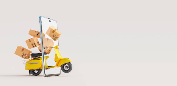 istock Fast delivery concept with scooter coming with packages through the smartphone screen 1305297768